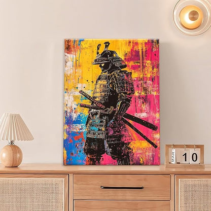 Japanese Wall Art, Graffiti Samurai Pictures Wall Decor, Banksy Samurai Canvas Prints, Japan Painting, Framed Artwork for Bathroom Living Room Bedroom Office Dining Room 24"X16"