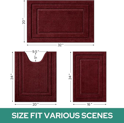 HOMEIDEAS Bathroom Rugs Sets 3 Piece, Super Soft and Absorbent Non Slip Microfiber Toilet Bath Mat with U-Shaped (Burgundy Red)