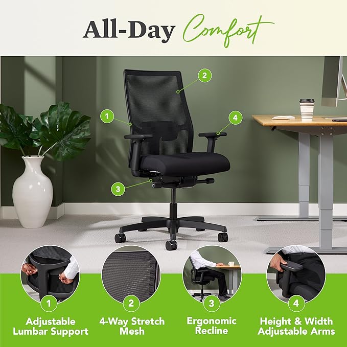 HON Ignition 2.0 Mid Back Task Chair, Spectrum Mesh, Advanced Synchro-Tilt Control, Office Chair with Lumbar Support, Height and Width Adjustable Arms, Titanium Frame, Bullseye