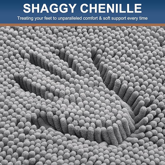 Smiry Luxury Chenille Bathroom Rugs 24x16, Extra Soft and Absorbent Shaggy Bath Mat, Machine Washable, Non-Slip Plush Carpet Runner for Tub, Shower, and Floor, Home Decor Accessories, Grey