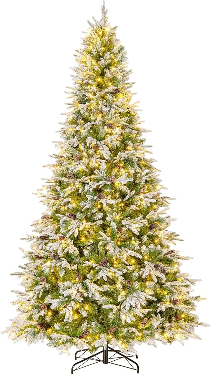 GOFLAME 9FT Pre-Lit Artificial Christmas Tree, Snow Flocked Xmas Tree with 1871 Branch Tips, 690 Warm White LED Lights, 117 Pine Cones, Holiday Decoration Tree for Home Office Party