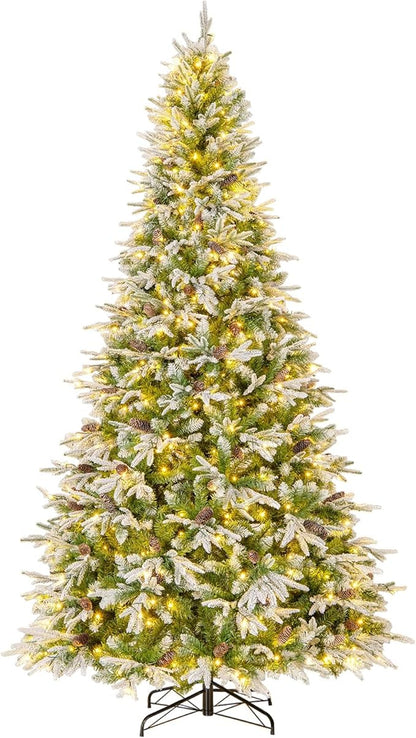 GOFLAME 9FT Pre-Lit Artificial Christmas Tree, Snow Flocked Xmas Tree with 1871 Branch Tips, 690 Warm White LED Lights, 117 Pine Cones, Holiday Decoration Tree for Home Office Party