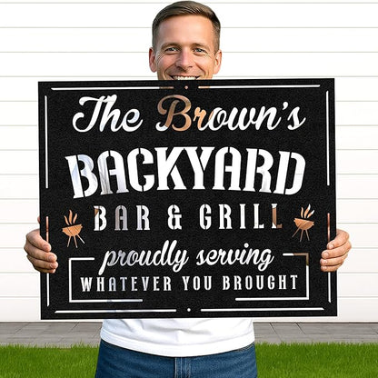 Personalized Outdoor BBQ Wall Sign, Custom Name Grill Cut Metal Decor for Patio Kitchen, Rustic Backyard Barbecue Art