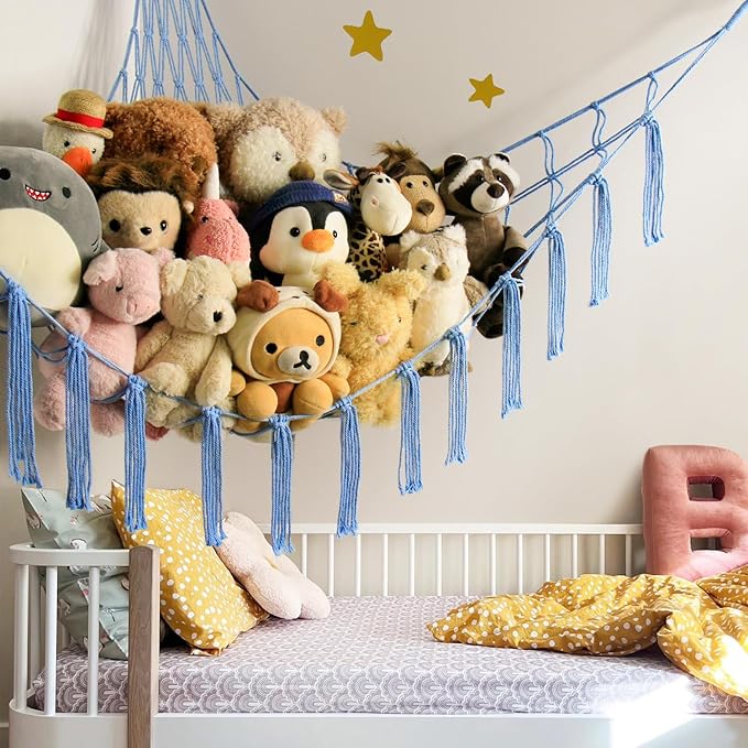 Stuffed Animal Storage Hammock Net - Toy Hammock Net for Stuffed Animals Corner - Hanging Stuff Animal Organizer Holder Large Size Baby Nursery Room Decor-Blue