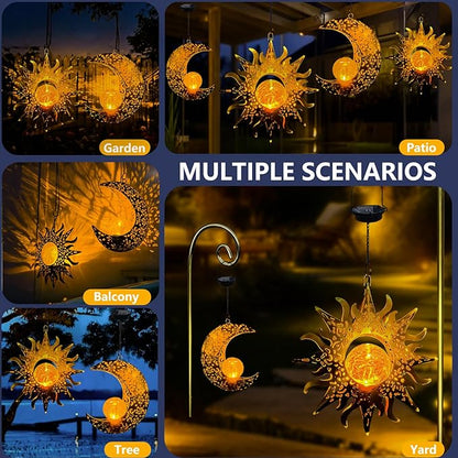 Solar Hanging Sun and Moon Lights Garden Outside Decor,2 Pack Metal Lanterns Outdoor Sunflower Art Decorations for Porch Backyard Patio Wall Tree,Unique Gardening Gifts for Women Mom Grandma