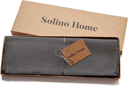 Solino Home Linen Fringe Cloth Placemats Set of 4-100% Pure Linen Charcoal Placemats 14 x 19 Inch for Fall, Autumn, Winter, Christmas, Holiday, New Year - Handcrafted and Machine Washable
