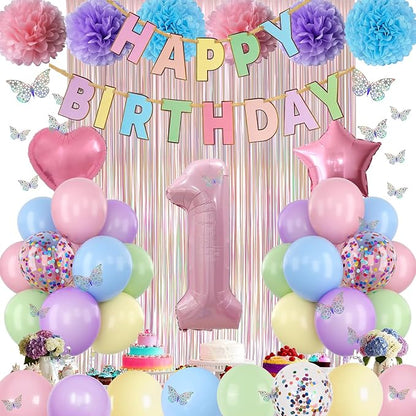 Pastel 1st Birthday Party Decorations for Girls Number 1 Balloon Happy Birthday Banner Butterfly Stickers Fringe Curtain Paper Pom Poms Macaron Pink Star Foil Colorful Balloons Baby 1 Year Old Decor