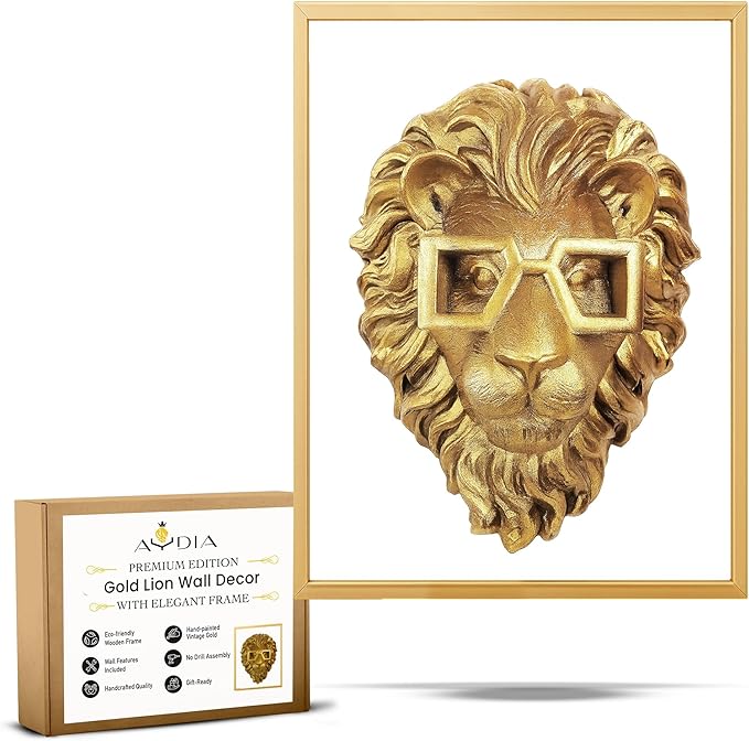 AYDIA Vintage Gold Animal Head Wall Decor, Faux Lion Head, Vintage Wall Decor, Large Animal Head, 3D Sculpture, Gift Ready, Lion Head Wall Mount.