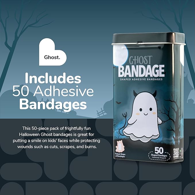 BioSwiss Kids Bandages, Halloween Ghost Shaped Self Adhesive Bandage Set, Latex Free, Sterile Wound Care, 50 Count