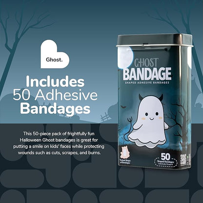 BioSwiss Kids Bandages, Halloween Ghost Shaped Self Adhesive Bandage Set, Latex Free, Sterile Wound Care, 50 Count
