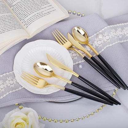 I00000 60 Pack Gold Silverware Set with Black Handle,Heavy Duty Black Plastic Cutlery Include 20 Forks 20 Knives 20 Spoons, Plastic Utensils Set for Party