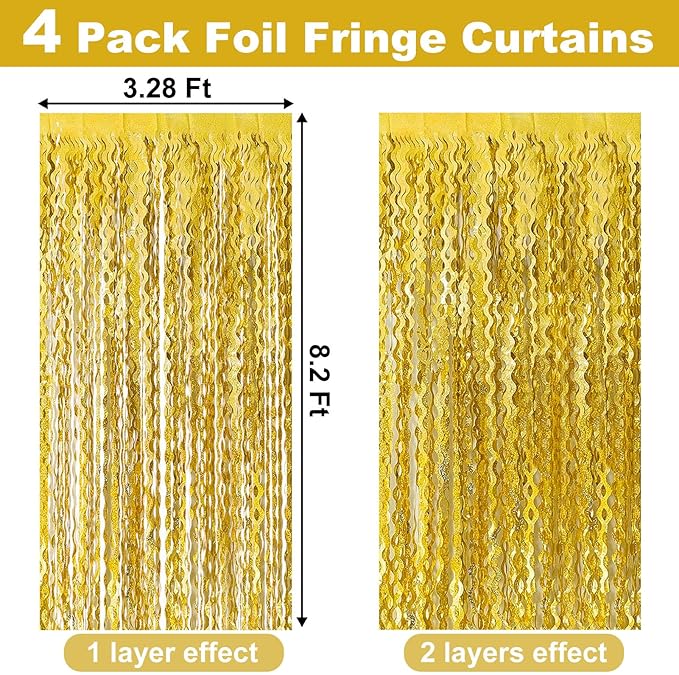 4 Pack Gold Fringe Curtain Backdrop 3.2Ft x 8.2Ft Metallic Tinsel Foil Fringe Streamers Background for Photo Booth, Easter, Mother's Day, Bachelorette, Wedding, Birthday Party Decoration