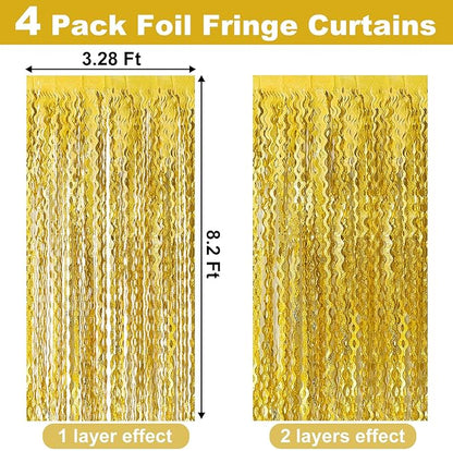 4 Pack Gold Fringe Curtain Backdrop 3.2Ft x 8.2Ft Metallic Tinsel Foil Fringe Streamers Background for Photo Booth, Easter, Mother's Day, Bachelorette, Wedding, Birthday Party Decoration