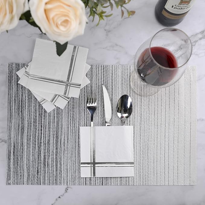 Silver on White Cocktail Napkins - 100 Pack, 5" x 5", 3-Ply Paper - Style Name: Blissful Crossing