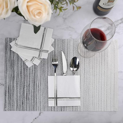 Silver on White Cocktail Napkins - 100 Pack, 5" x 5", 3-Ply Paper - Style Name: Blissful Crossing