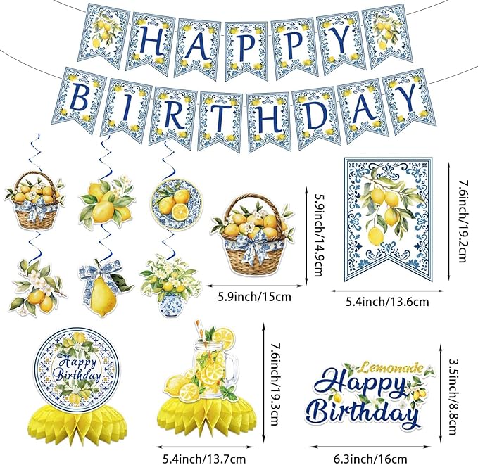 188PCS Capri Lemon Party Supplies Blue Tiles Yellow Birthday Decorations Amalfi Coast Lemon Summer Citrus Mediterranean Plates Napkins Set Banner Tablecloth CakeTopper Balloon Honeycomb Centerpieces