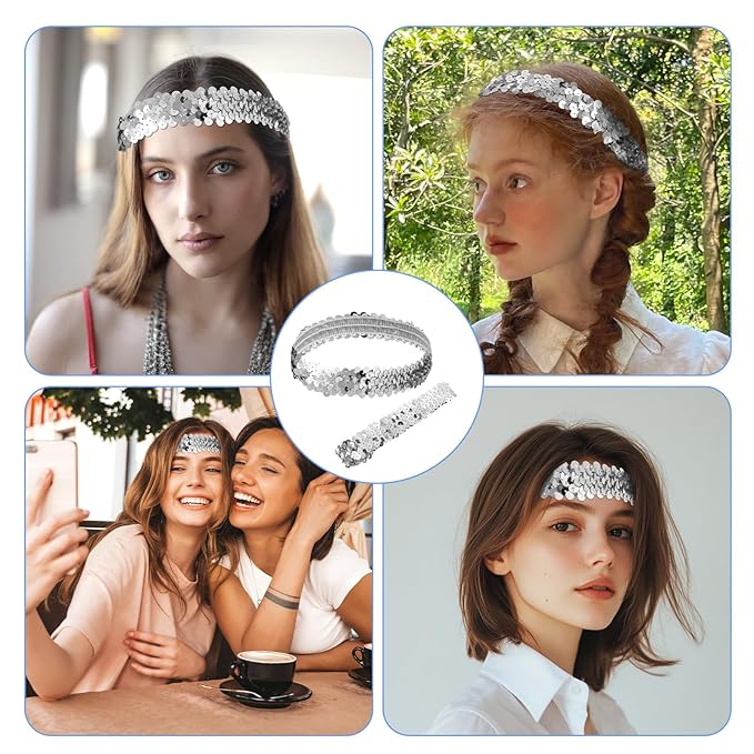 2Pcs Silver Sequins Headband for Women - 80s 90s Themed Sparkle Glitter Vintage Hair Accessories for Disco Party Club Concert Women