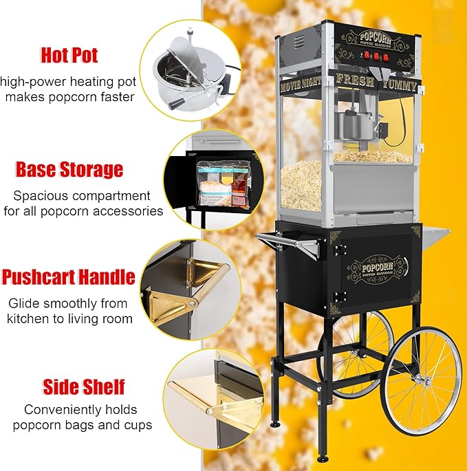 Commercial 20 Oz Popcorn Machine with Cart - 100 Cups, Stainless Steel Kettle, Warming Light - Portable Popper for Home Theater & Parties, Sleek Black