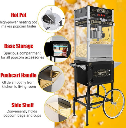 Commercial 20 Oz Popcorn Machine with Cart - 100 Cups, Stainless Steel Kettle, Warming Light - Portable Popper for Home Theater & Parties, Sleek Black