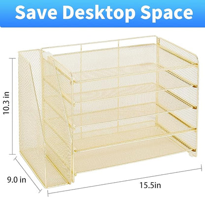 OPNICE 5-Tier Paper Organizer with Magazine Holder, Desk Organizers and Accessories, Office Desk Accessories & Workspace Organizers, Desktop File Organizer for Office Supplies Storage, Gold