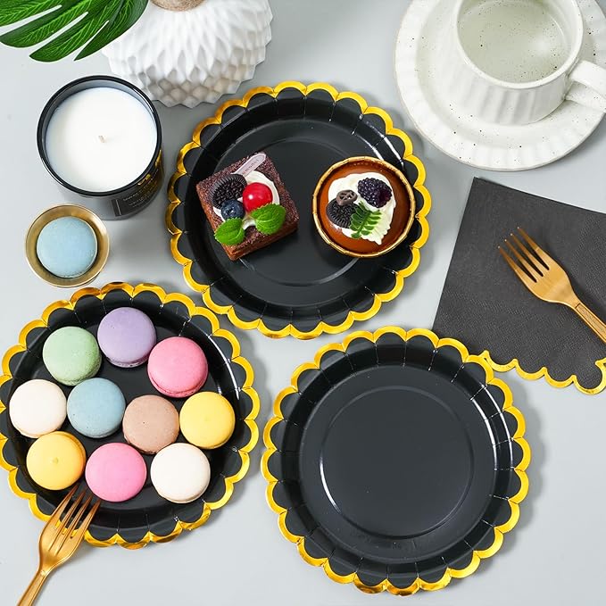 black & gold scalloped party plates with napkins and fork gold foil border, 24 Guest Black disposable Tableware Set Party Decoration for Birthday Coquette Bridal Baby Shower Valentines
