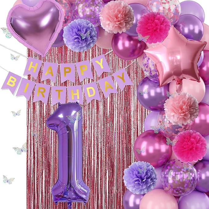 Pink Purple 1st Birthday Party Decorations for Girls Number 1 Balloon Happy Birthday Banner Butterfly Stickers Fringe Curtain Paper Pom Poms Metallic Hot Pink Star Foil Balloons Baby 1 Year Old Decor