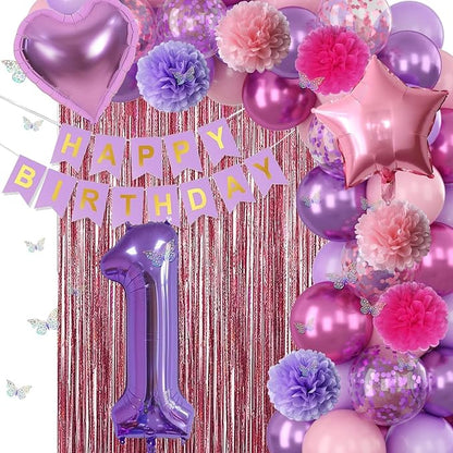 Pink Purple 1st Birthday Party Decorations for Girls Number 1 Balloon Happy Birthday Banner Butterfly Stickers Fringe Curtain Paper Pom Poms Metallic Hot Pink Star Foil Balloons Baby 1 Year Old Decor