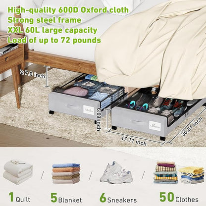 Under Bed Storage with Wheels, 4-Pack Under the Bed Storage Containers with Clear Lids & Label, Underbed Storage Bins, XXL 60L Rolling Metal Drawer for Clothes, Shoes, Toys, Books - Gray