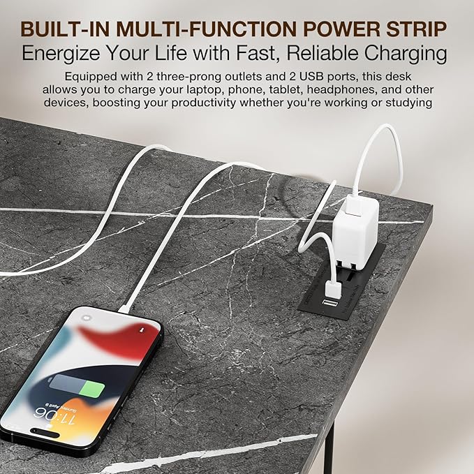 TEMI Small Computer Desk Folding Table - No Assembly, Compact 55.1" Foldable Desk with Power Outlets & USB Charging Port, Portable Small Office Desk, Ideal Mini Study Table, Marble Greige