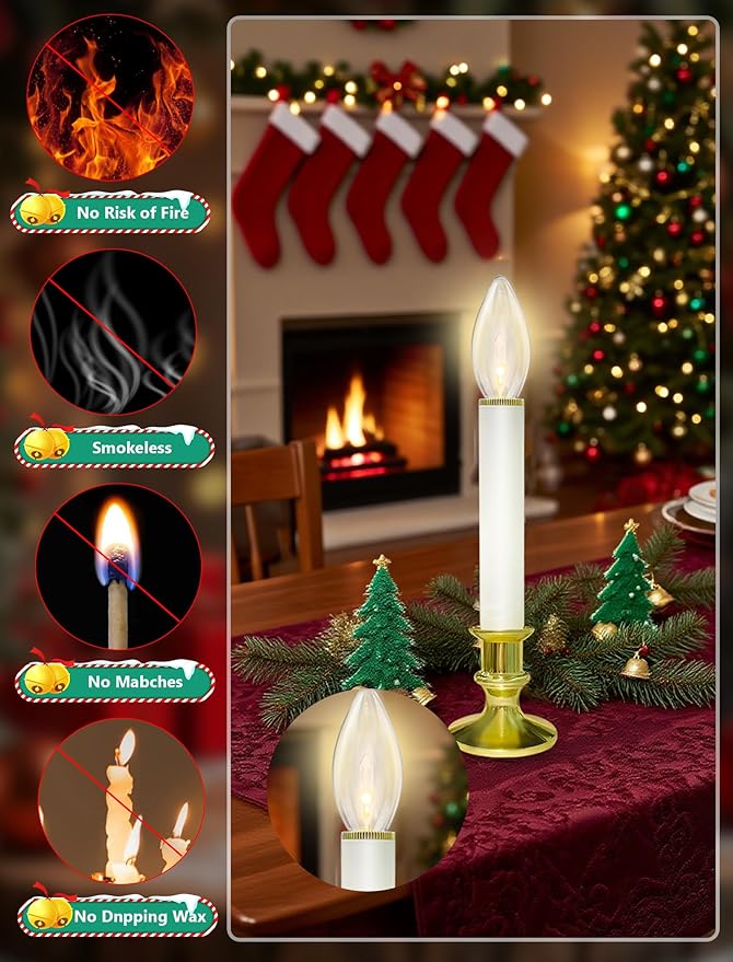 10 Pack Christmas Window Candles with 3V Ultra-Bright LED Warm White Bulbs, LED Battery Operated Window Candles, Gold Base, Flameless Candlestick for Indoor Christmas Window Table Mantel, Steady On