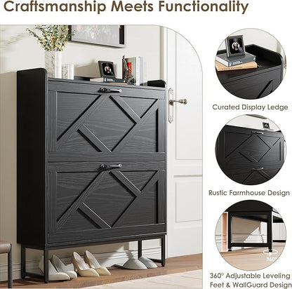 Nicetree Shoe Storage Cabinet with 2 Flip Drawers, Freestanding Shoe Organizer, Shoe Cabinet with Metal Legs, Narrow Shoe Rack Cabinet, Farmhouse Slim Shoe Cabinet for Entryway, Foyer, Hallway, Black