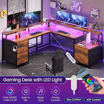 SEDETA L Shaped Desk with 6 Drawer, 108" Home Office Desk with File Drawer & Power Outlet, Corner Computer Desk with Monitor Shelf, Two Person Desk, Gaming Desk with Led Lights, Rustic Brown