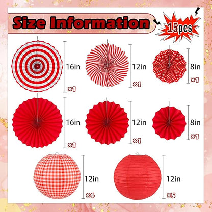15Pcs Red Party Decorations Kit, Hanging Red Paper Lanterns Paper Fans for Home Decor Birthday Wedding Graduation Picnic BBQ Baby Shower Pizza Party Chinese New Year Decorations 2026