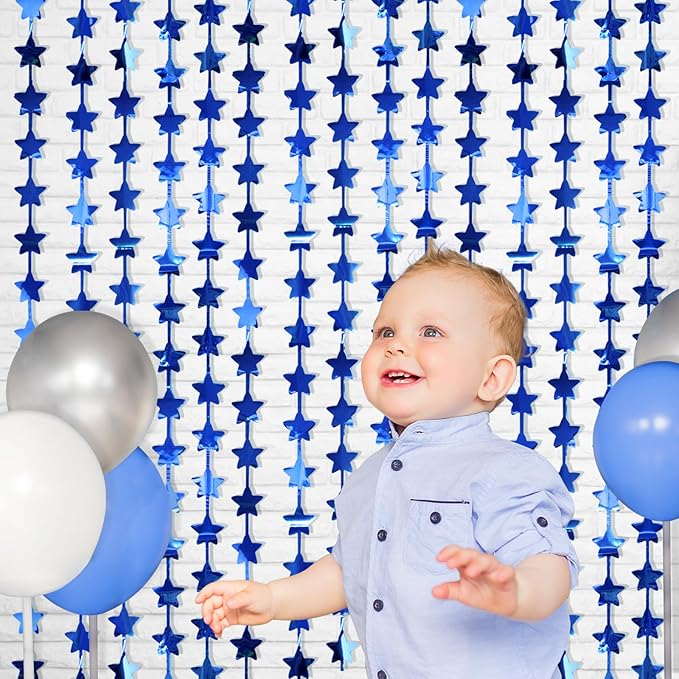 LOLStar 2Pack Blue Happy Birthday Party Decorations 3.3X6.6ft Each Navy Star Streamers Backdrop Foil Fringe Curtains,Photo Booth Props for Blue Baby Shower 18th 21st Birthday Space Party for Boys