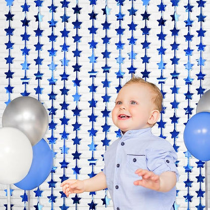 LOLStar 2Pack Blue Happy Birthday Party Decorations 3.3X6.6ft Each Navy Star Streamers Backdrop Foil Fringe Curtains,Photo Booth Props for Blue Baby Shower 18th 21st Birthday Space Party for Boys