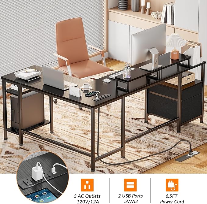 Furologee 66” L Shaped Desk with Power Outlet, Reversible Computer Gaming Desk with File Drawer & 2 Monitor Stands for Home Office with Storage Shelves, Black