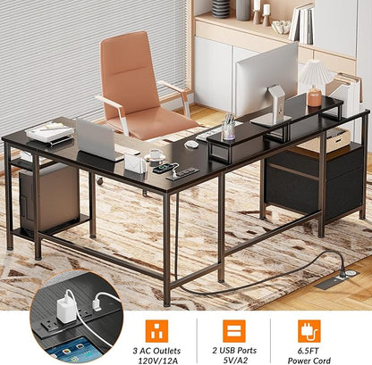 Furologee 66” L Shaped Desk with Power Outlet, Reversible Computer Gaming Desk with File Drawer & 2 Monitor Stands for Home Office with Storage Shelves, Black