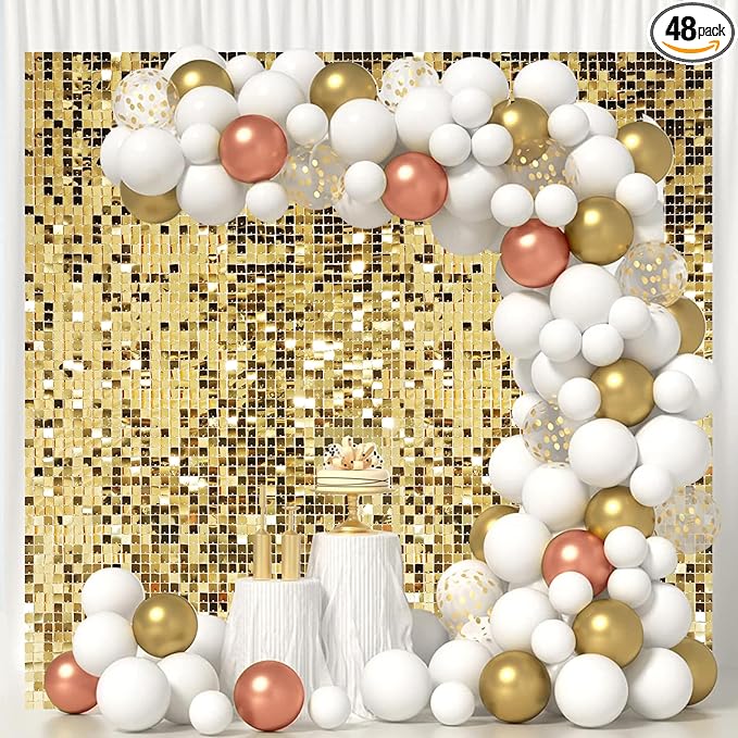 Light Gold Shimmer Wall Backdrop,Shiny Sequins,48 Pcs Sequins Backdrop Decoration Panels,Photo Background Decorations for Birthday Party Wedding Engagement Anniversary Graduation Baby Shower