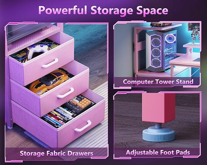AODK 59 Inch Gaming Desk with USB Charging Ports & LED Light- Reversible Computer Desk with Storage Shelves & Monitor Stand, Modern Gamer Desk Table with Fabric Drawers & Side Hook, Carbon Fiber Pink