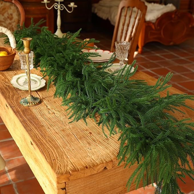 9FT Christmas Garland Artificial Norfolk Pine Garland，Handmade Real Touch Greenery Faux Pine Needles Garland for Home Table Mantle Fireplace Indoor Outdoor Christmas Decor(Dark Green)