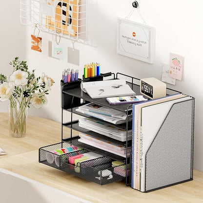 OPNICE Desk Organizer, 5-Tier Paper File Organizer with Drawer & Pen Holder, Office Desk Accessories, Workspace Desktop Organizer for Office Supplies(Black)