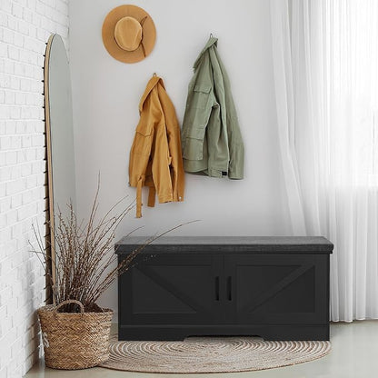 2-Tier Storage Bench, 39.4" Wide Shoe Bench with Padded Seat Cushion, Entryway Bench with 2 Barn Doors and Adjustable Shelf, Black