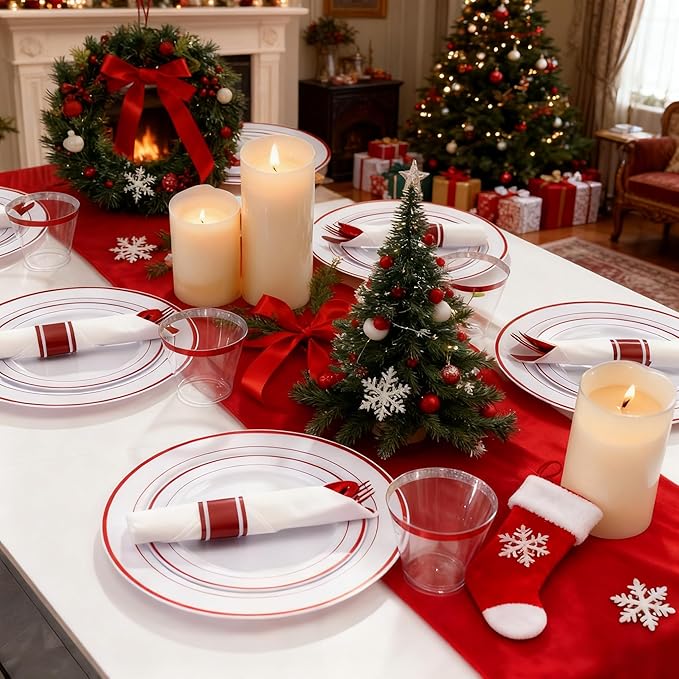 WELLIFE 350 Pcs Red Plastic Plates for 50 Guests - Plastic Dinnerware Set,Christmas Party Supplies Includes 100 Red Disposable Plates,150 Silverware,50 Napkins,50 Cups,Christmas plastic plates