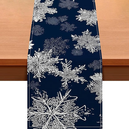 Blue Snowflake Table Runner 13x72 Inch Winter Table Runner Burlap Winter Holiday Dining Tables Decoration with White Snow Patterns Christmas Tablecloth for Kitchen Dining Home Party Decor
