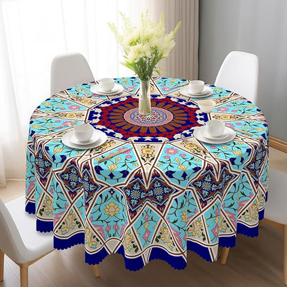 Eikione Boho Round Tablecloth 70inch, Tablecloth Waterproof and Wrinkle-Free, Boho Table Covers, Summer Decorations for Home