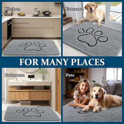 OLANLY Dog Door Mat for Muddy Paws 59x24, Paw Print Design, Absorbs Moisture and Dirt, Absorbent Non-Slip Washable Doormat, Quick Dry Chenille Mud Mat for Dogs, Entry Indoor Entryway Carpet, Grey