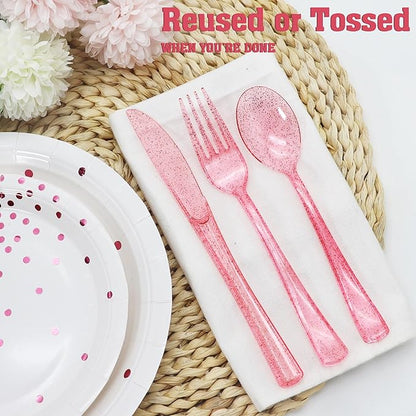 150 Pcs Pink Silverware Set Heavy Duty Pink Plastic Silverware - 50 Forks, 50 Knives, 50 Spoons for Brithday, Wedding, Baby Shower, Bridal Shower