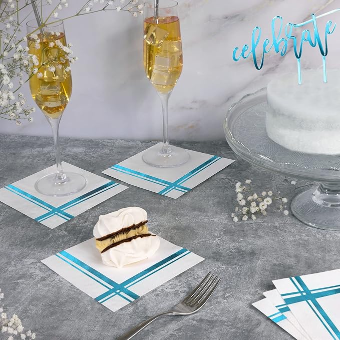 Light Blue on White Cocktail Napkins - 100 Pack, 5" x 5", 3-Ply Paper - Style Name: Blissful Crossing