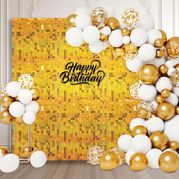 48 PCS Gold Shimmer Wall Backdrop, Laser Square Sequin Photo Backdrops Panel, Glitter Wall Background for Birthdays, Weddings, Halloween, Engagements, Disco Bachelorette Party Decoration (6FTx8FT)