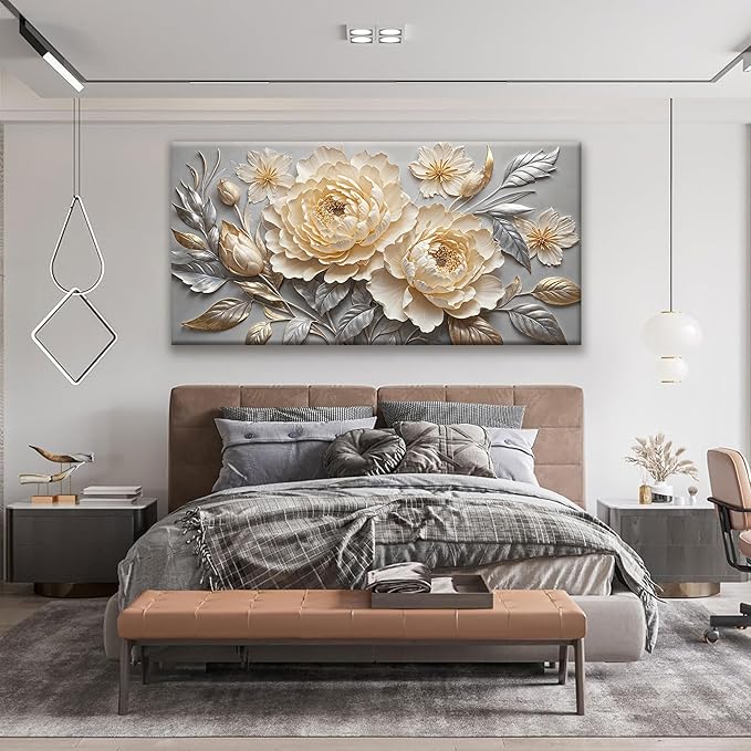 Large Canvas Art Wall Decor Print Silver White Flowers Wall Art Picture Modern Landscape Artwork Painting Home Wall Decor Picture For Bedroom Living Room Home Office Prints Artwork 29" X 58"